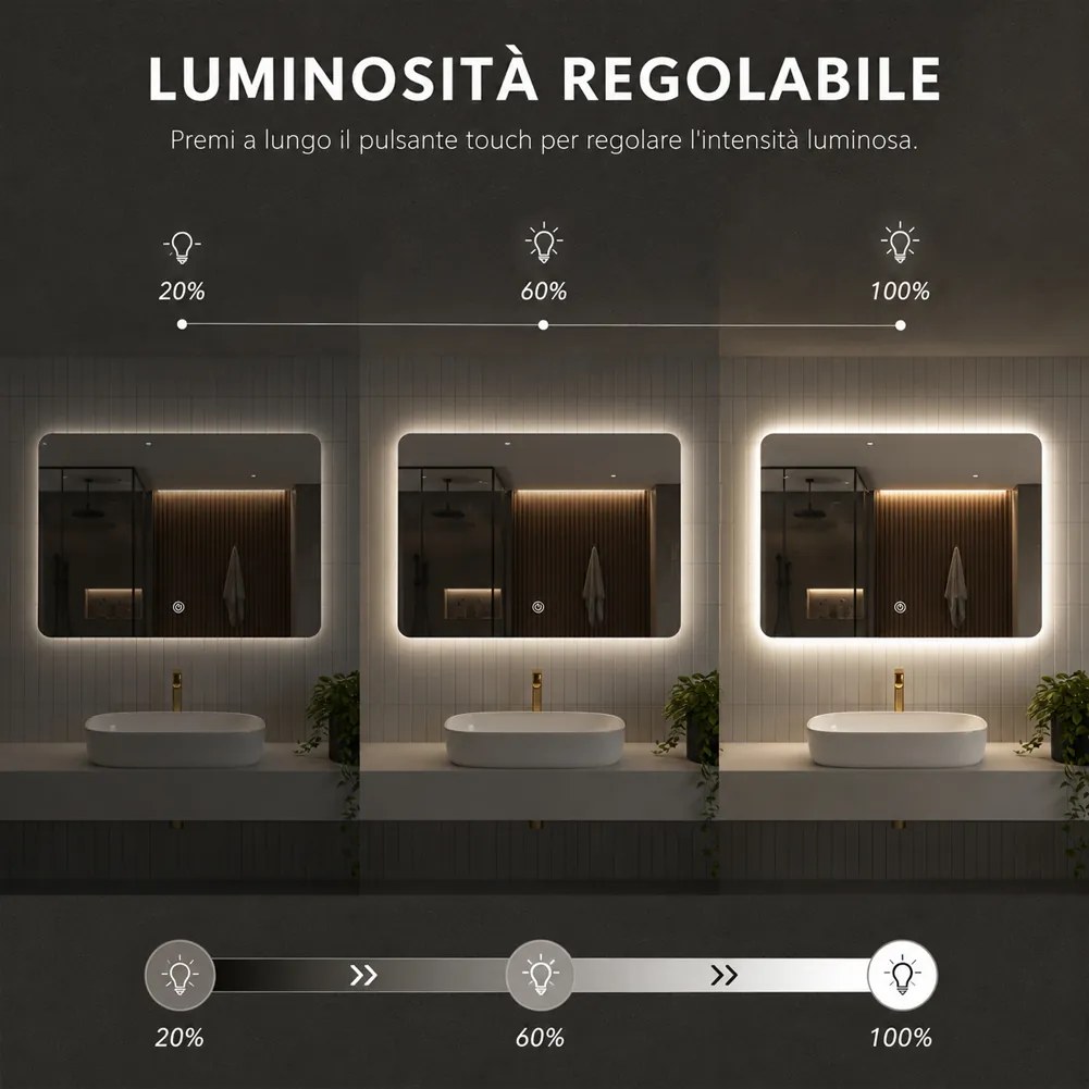 Specchio Rettangolare 70x50 cm con LED 3 Colori Dimmerabile Pulsante Touch...