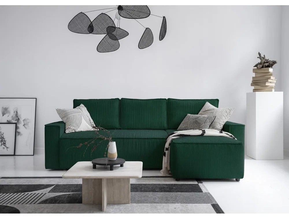 Divano letto angolare in velluto a coste verde scuro Brave Dave - Miuform