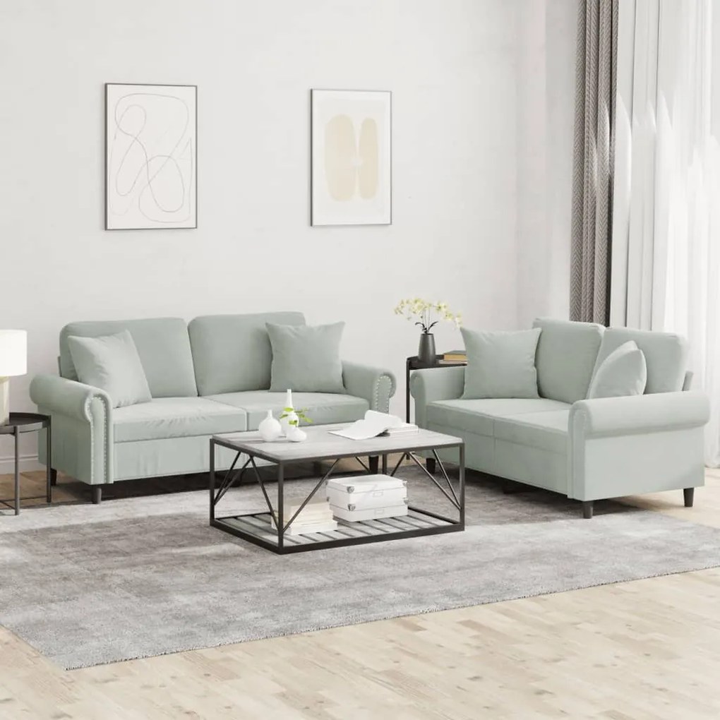 Set Di Divani 2 Pz Con Cuscini Grigio Chiaro İn Velluto /