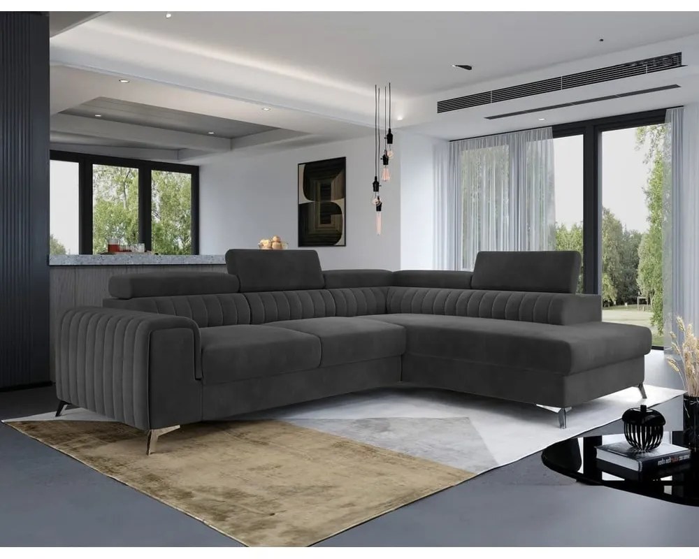 Divano angolare grigio scuro allungabile/con contenitore (con penisola a destra/a L) e rivestimento in velluto Laurence – ELTAP