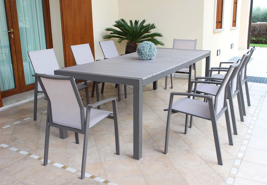 LOIS - set tavolo in alluminio cm 162/242 x 100 x 74 h con 8 poltrone Lotus