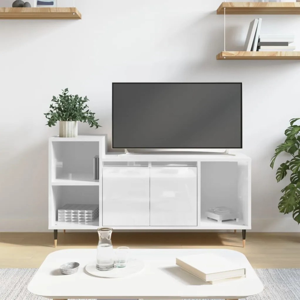 Mobile Porta Tv Bianco Lucido 100x35x55 Cm İn Legno Multistrato /