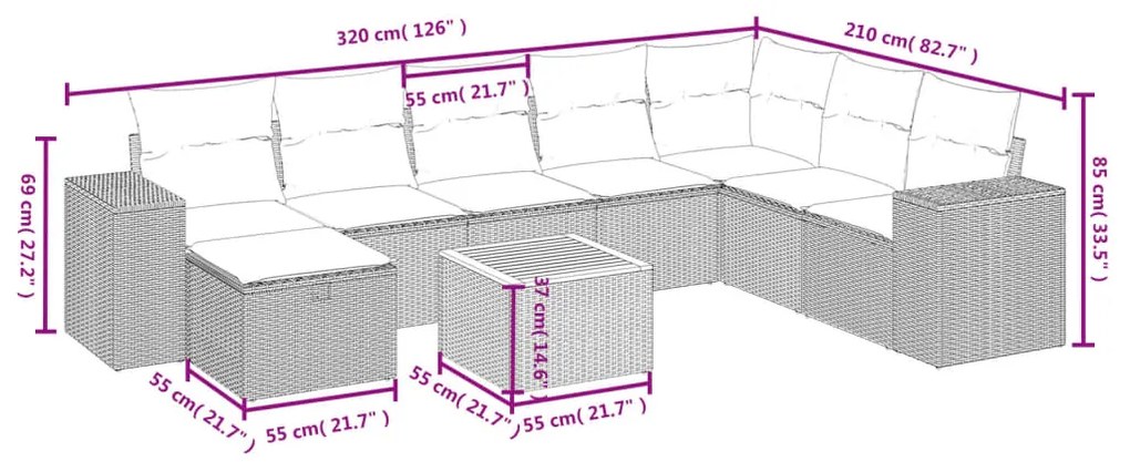 Set divano da giardino 9 pz con cuscini beige in polyrattan