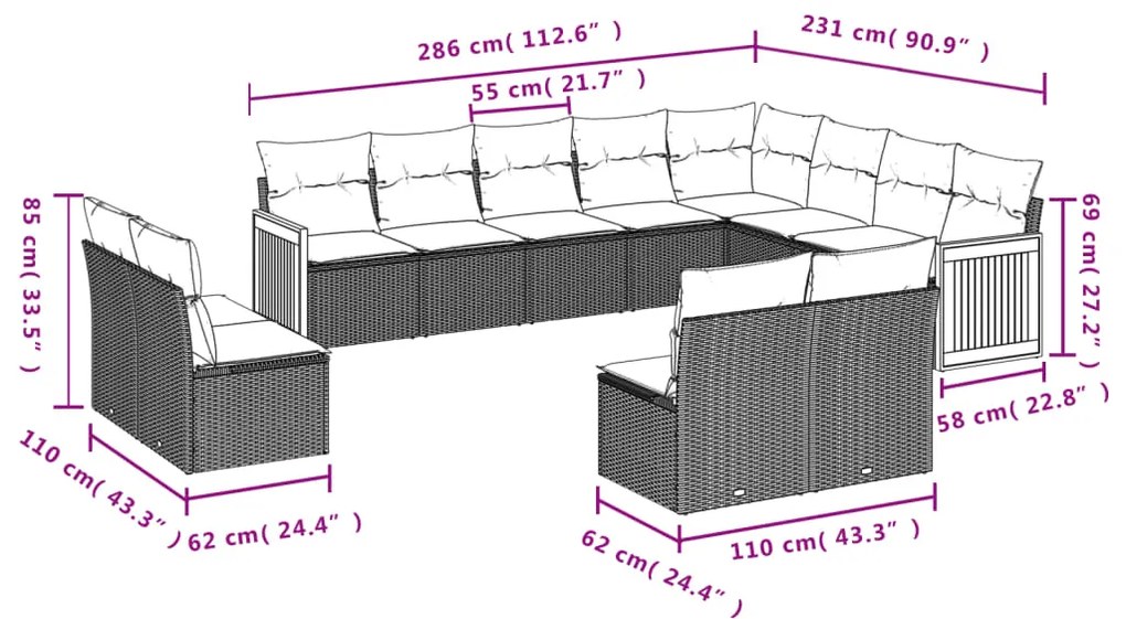 Set divani da giardino 12 pz con cuscini nero in polyrattan