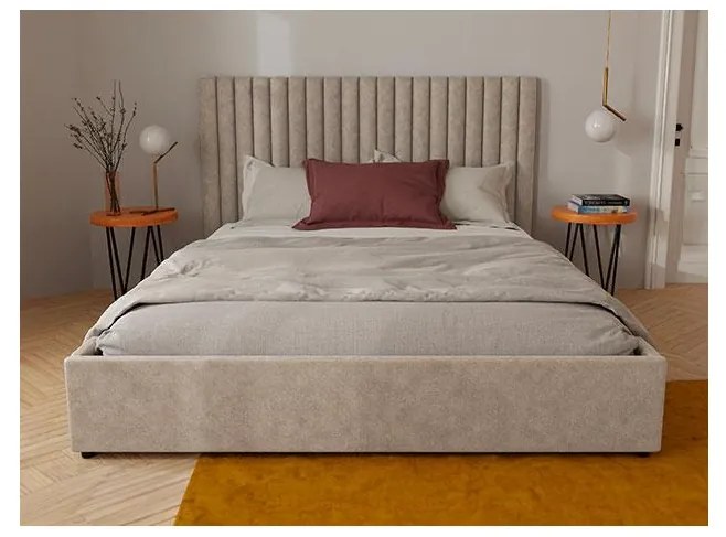 Letto con contenitore con testiera letto cuciture verticali 160 x 200cm Tessuto Beige SARAH