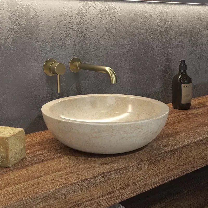 Lavabo bagno da appoggio in marmo crema 40cm | Litos-EC40 - KAMALU