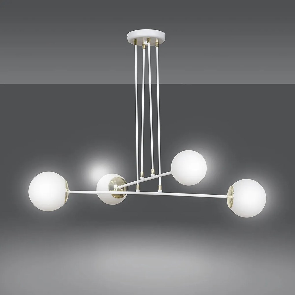 Lampadario Moderno 4 Luci Ognis In Acciaio Bianco E Oro E Vetro A Sfera Opale