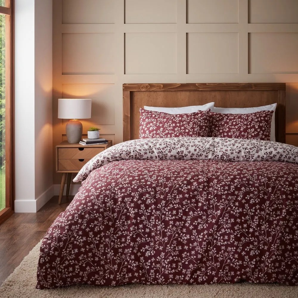 Set copripiumino e federa rosso in flanella per letto matrimoniale e per letto esteso 230x220 cm Grace Floral Leaf – Catherine Lansfield