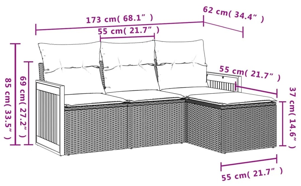 Set divano da giardino 4 pz con cuscini beige in polyrattan