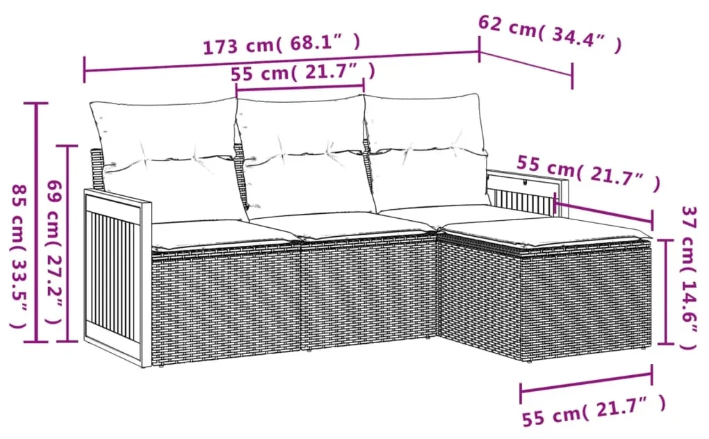 Set divano da giardino 4 pz con cuscini beige in polyrattan