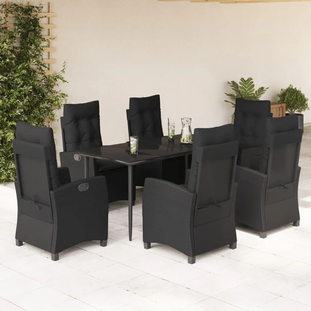 Set da pranzo da giardino 7 pz nero con cuscini in polyrattan
