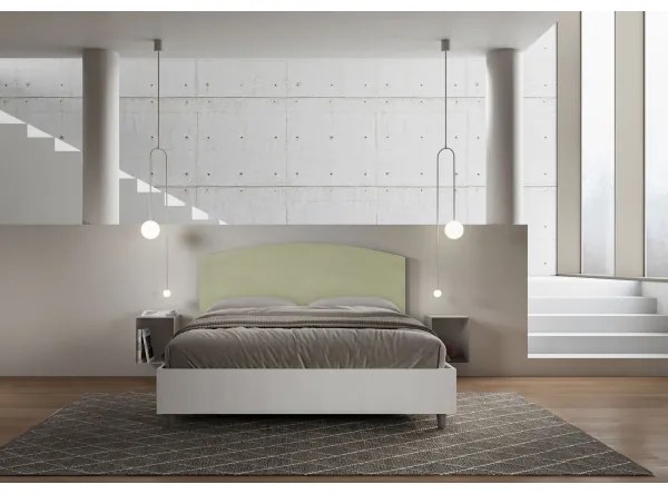 Letto contenitore da 160x190 in legno bianco e testata in microfibra tč verde Antilia