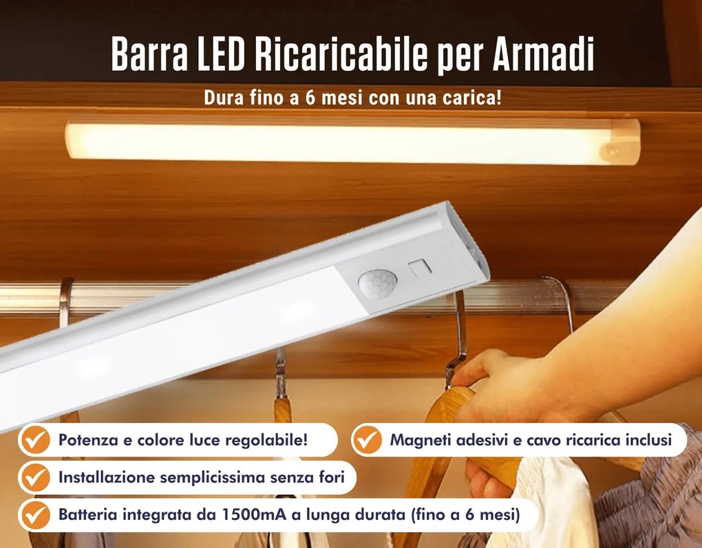 Barra LED 1.2W Ricaricabile per Armadi 40cm CCT Bianco Variabile