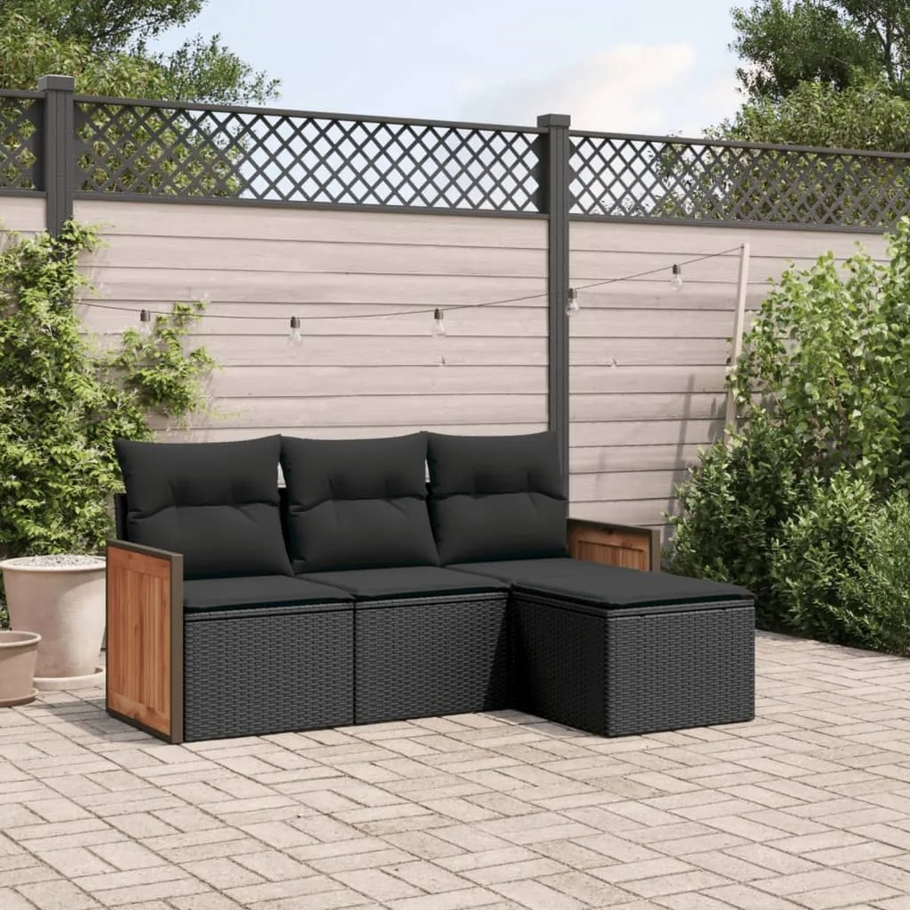 Set divani da giardino 4 pz con cuscini nero in polyrattan