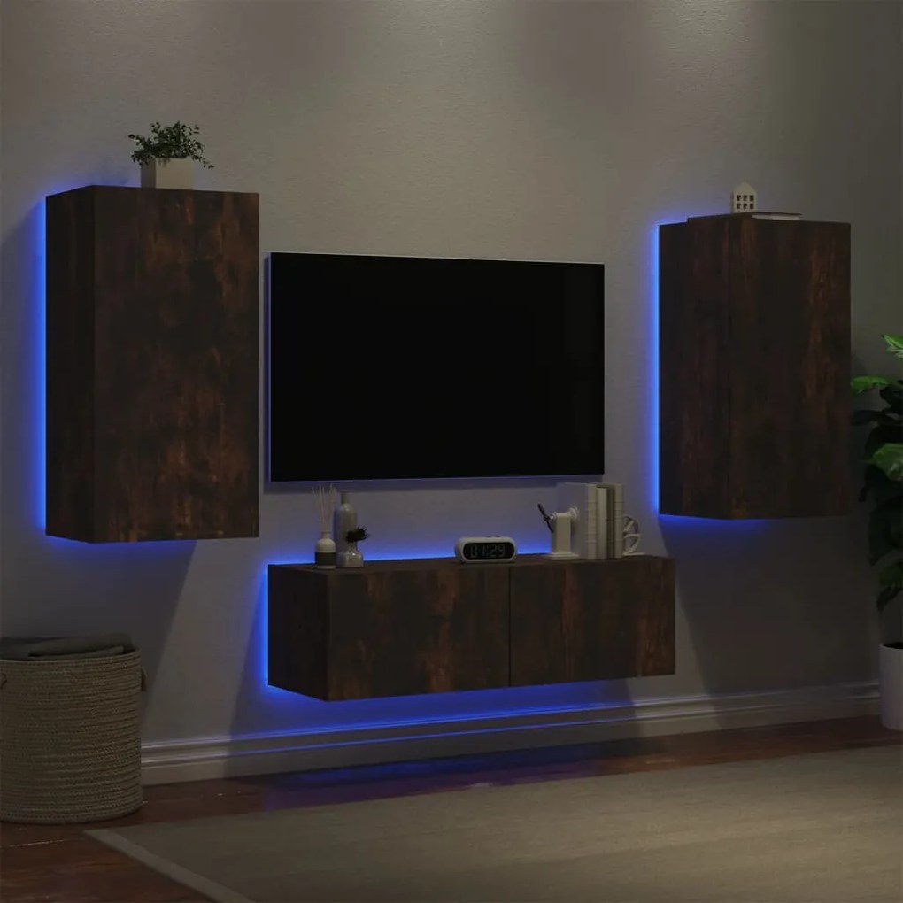 Mobili tv a muro 3pz con luci led rovere fumo