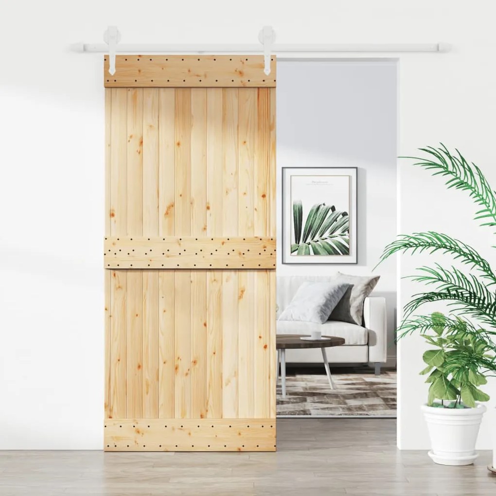 Porta Scorrevole Con Set Hardware 90x210 Cm Legno Massello Pino /