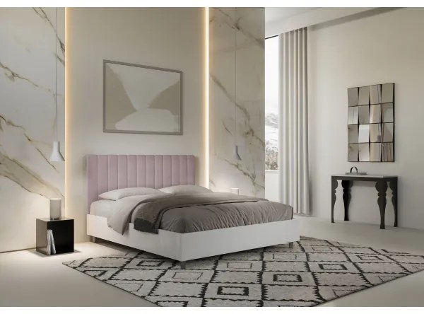 Letto contenitore da 160x200 in legno bianco e testata in microfibra glicine Kaia