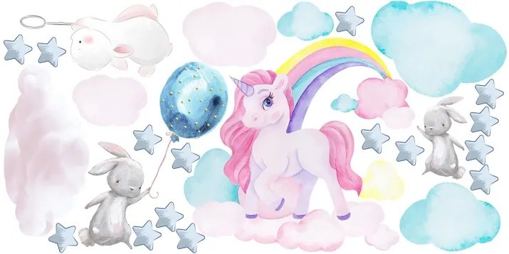 Adesivo murale per ragazze unicorno e coniglietti nel cielo 50 x 100 cm