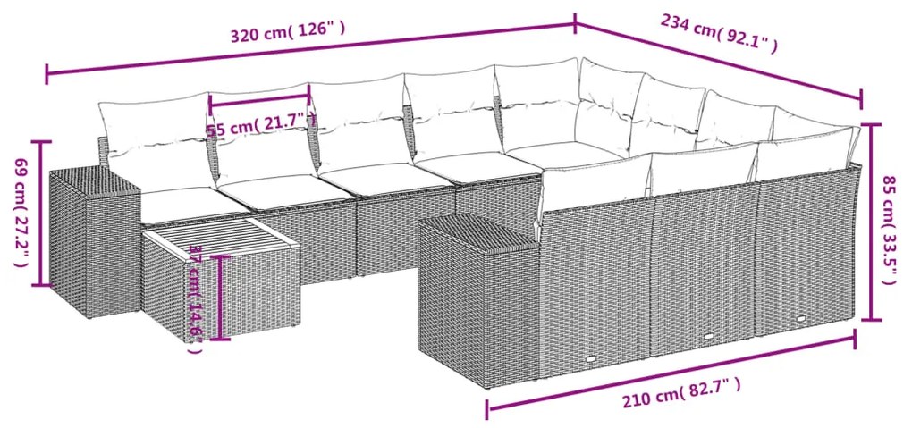 Set Divani da Giardino 11 pz con Cuscini Beige in Polyrattan