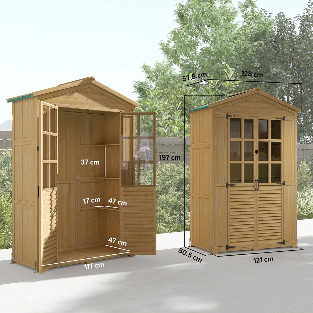 Armadio da Giardino Box Porta Attrezzi 128x57,5x197 cm con Finestre Trasparenti in Legno Marrone Chiaro...