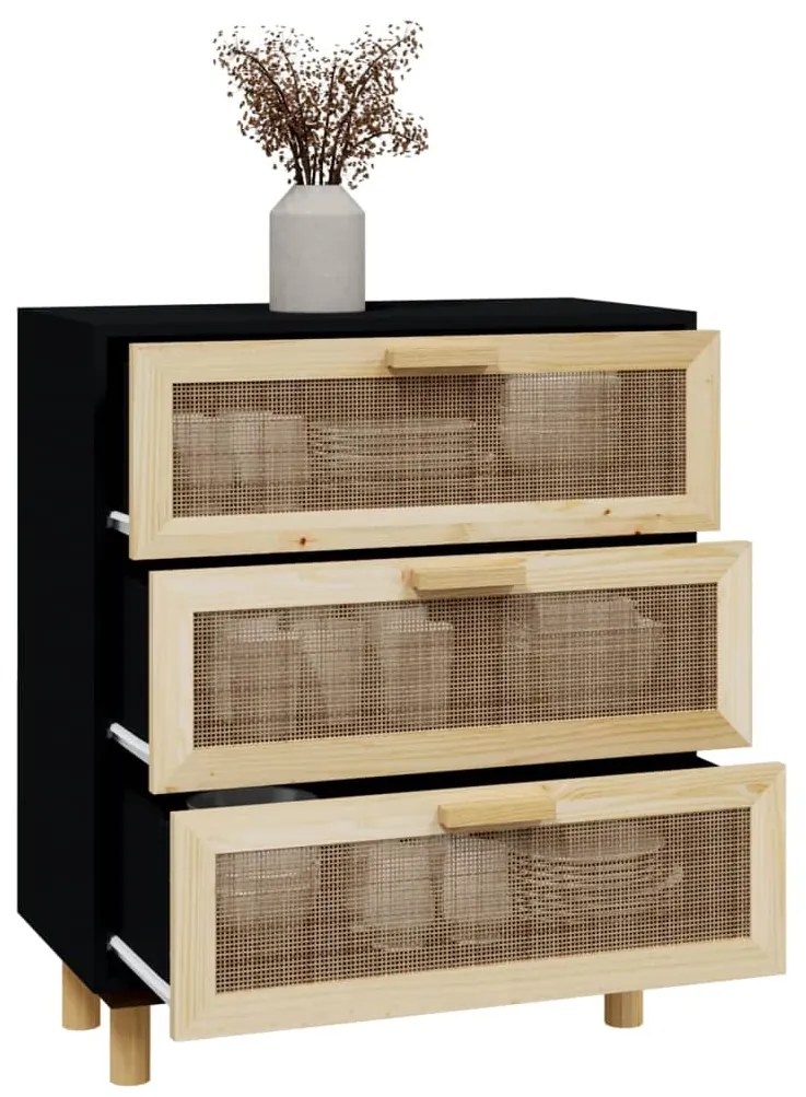 Credenza nera 60x30x70 cm legno massello pino e rattan naturale