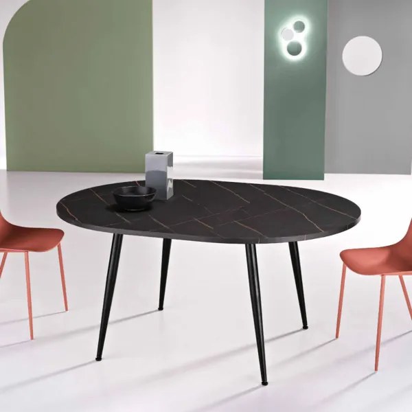 Tavolo rotondo con piano in MDF effetto marmo Nero allungabile a 160 cm HABLA