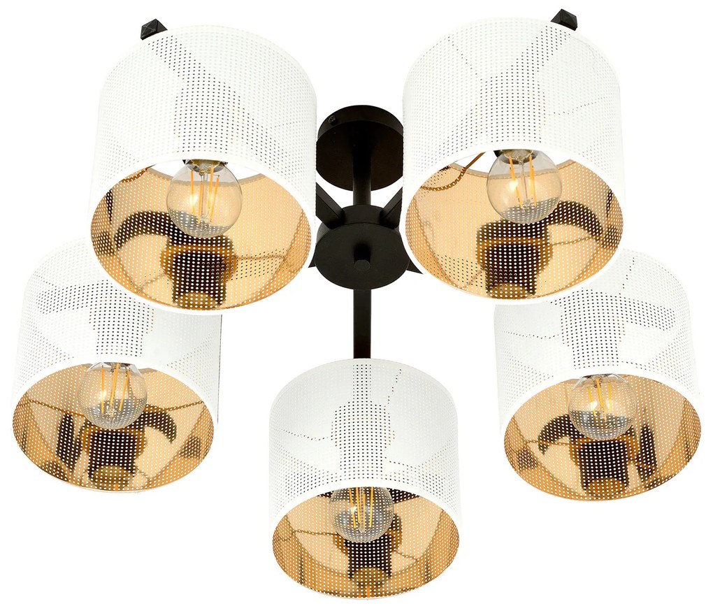 Plafoniera Industrial 5 Luci Cigno In Acciaio Bianco E Paralumi A Cilindro Oro