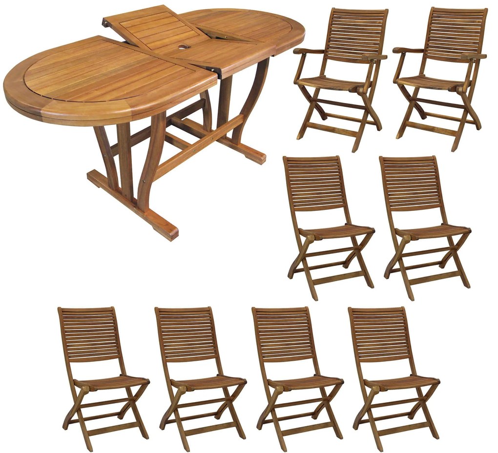 TURRIS - set tavolo in alluminio e teak cm 180/240 x 100 x 74 h con 6 sedie e 2 poltrone Mulier