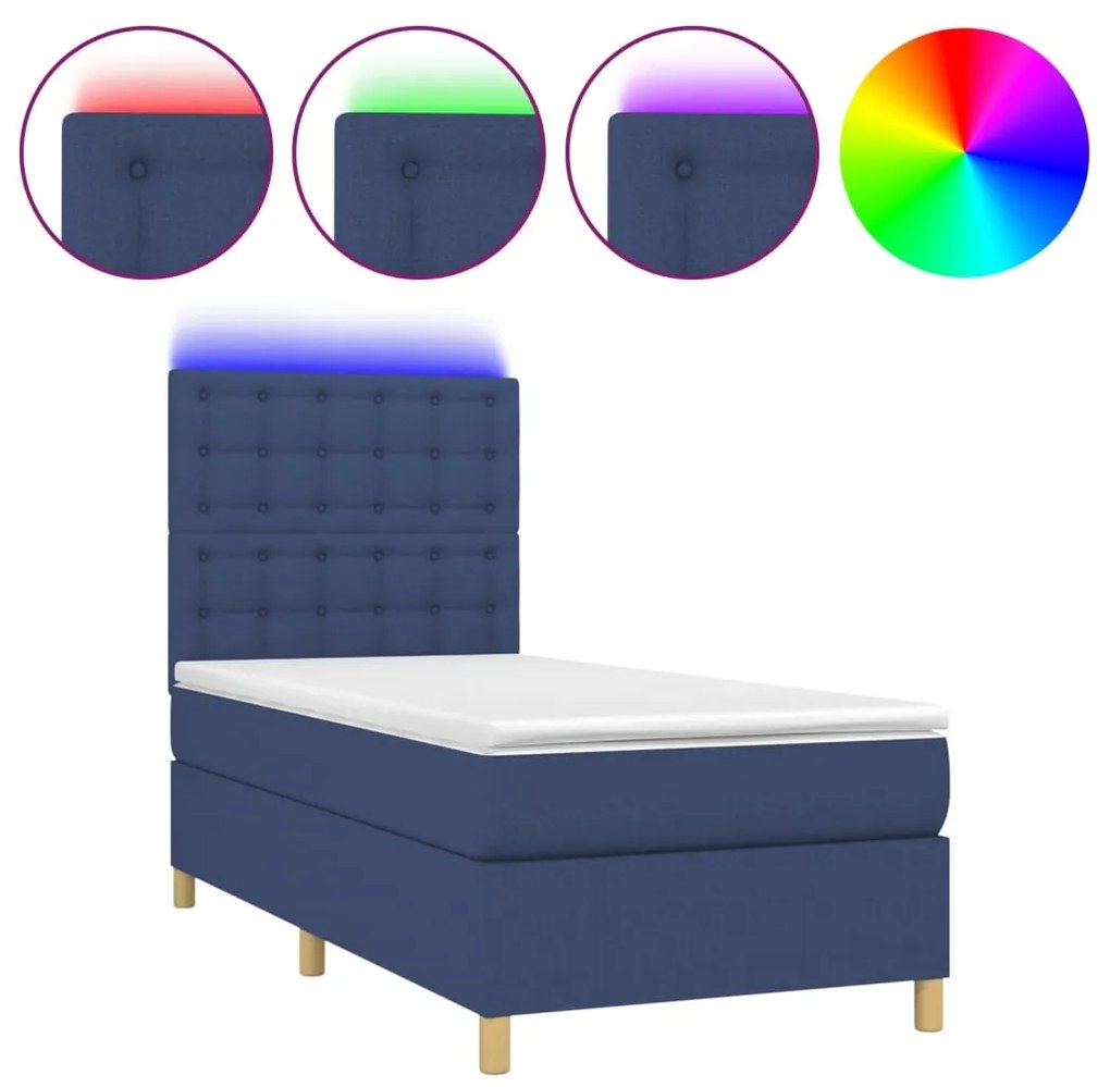 Letto a molle con materasso e led blu 90x190 cm in tessuto