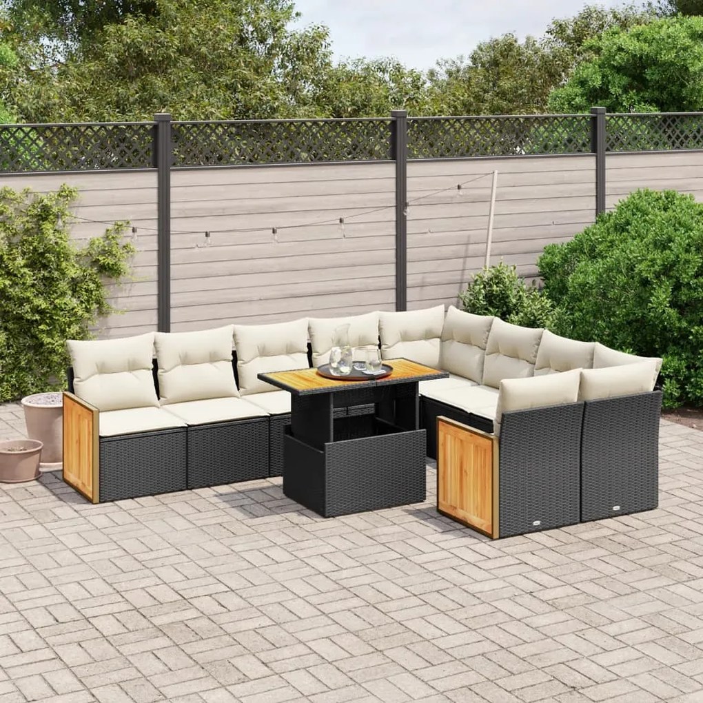 Set divani da giardino 10pz con cuscini in polyrattan nero