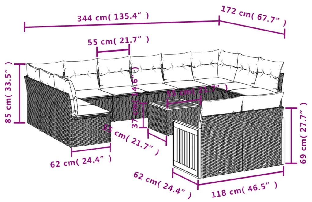 Set divano da giardino 13 pz con cuscini beige in polyrattan