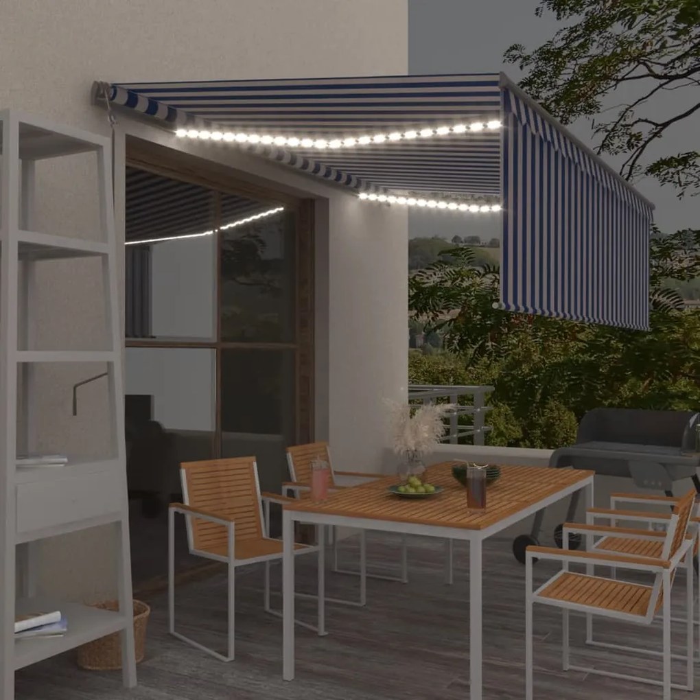 Tenda Automatica Parasole Led Sensore Vento 4,5x3 M Blu Bianco /