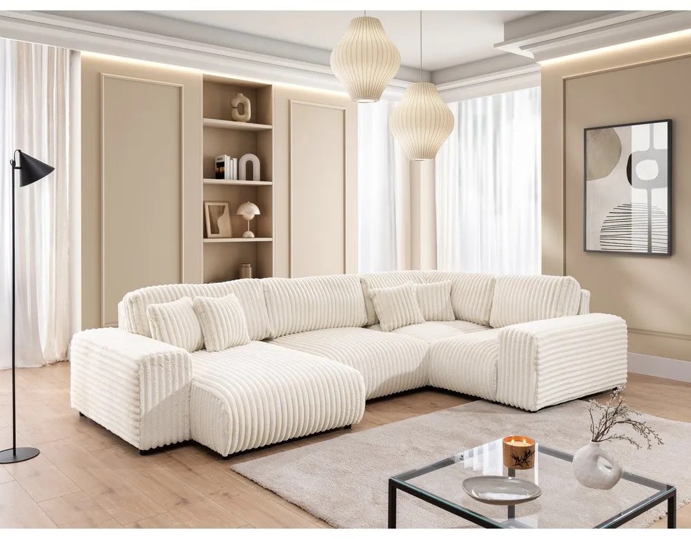 Divano angolare color crema (con penisola a destra/a U) rivestito in velluto a coste Justin – Ropez