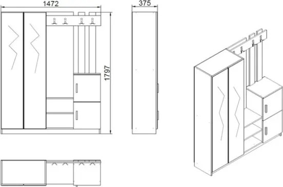 Mobile Da Ingresso Con Scarpiera A 2 Ante Appendiabiti E Specchio Rovere Antracite