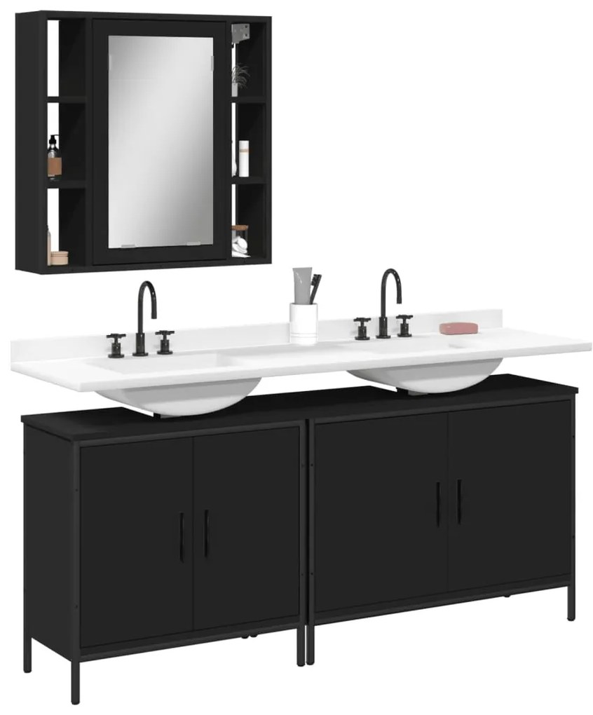 Set Di Mobili Da Bagno 3 Pz Nero İn Legno Multistrato /