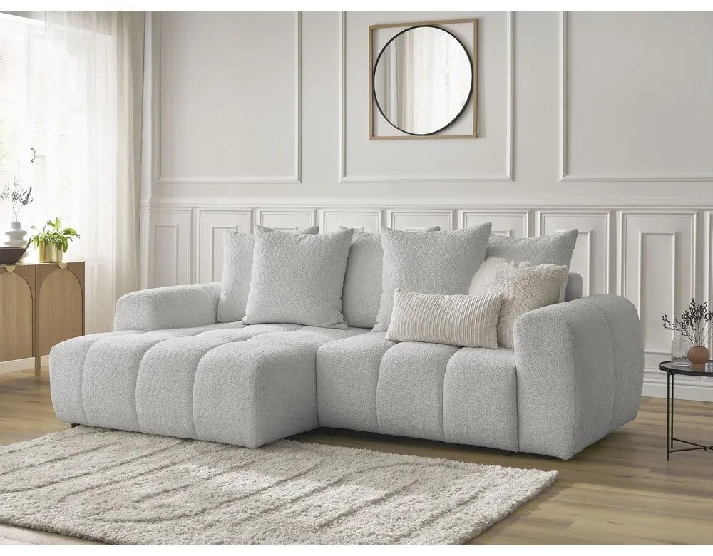 Divano angolare grigio chiaro allungabile/con contenitore (con penisola a sinistra/con chaise lounge) con rivestimento in bouclé Roxelane – Bobochic Paris