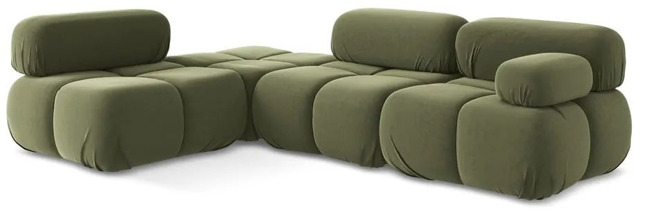 Divano angolare componibile verde chiaro (con penisola a sinistra) con rivestimento in velluto Lokua – Makamii