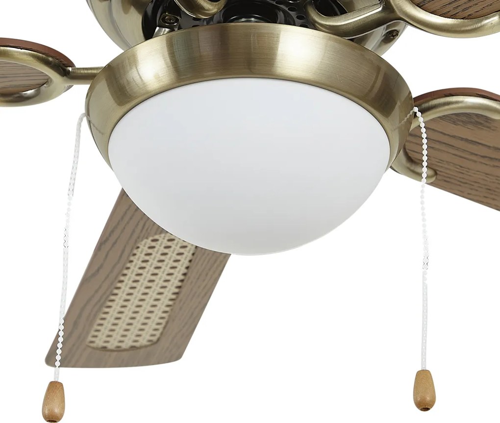 Ventilatore da soffitto in ottone con stampa legno e rattan 108cm con interruttore a tirante - Mistral Majas