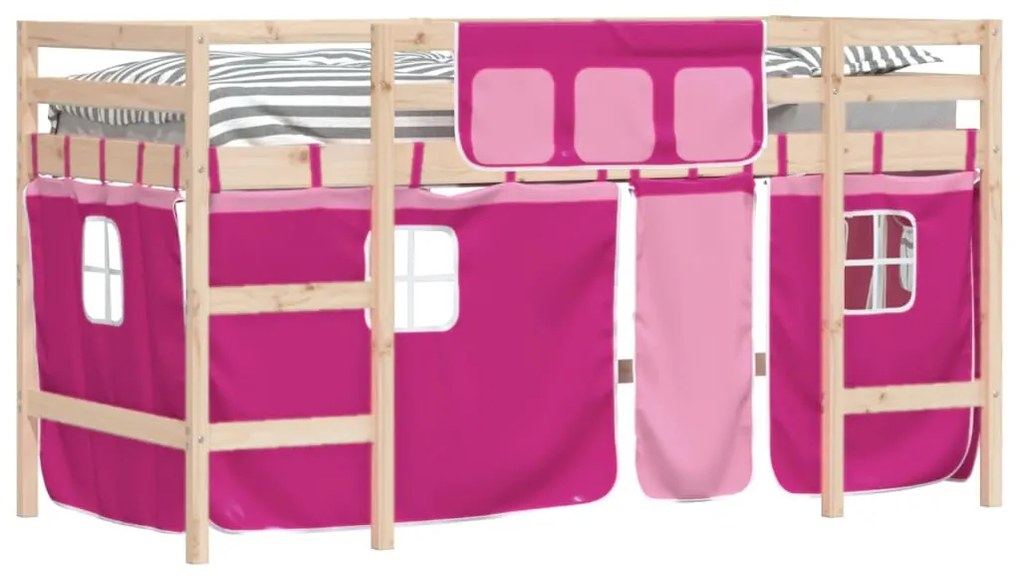 Letto a soppalco con tende bambini rosa 80x200 cm massello pino