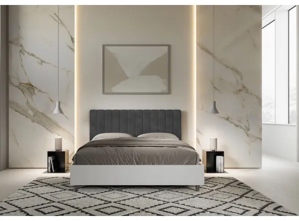 Letto contenitore da 160x200 in legno bianco e testata in microfibra grigio Kaia