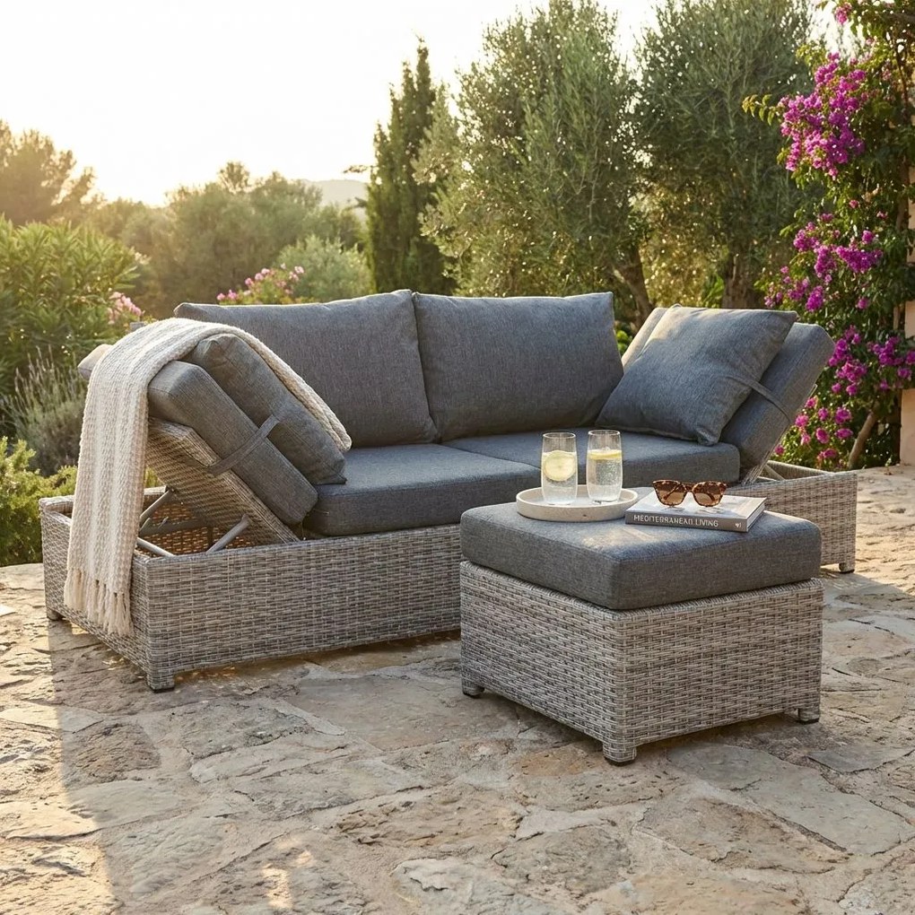CRINIS - divano da giardino con pouf completo di cuscino intreccio in rattan sintetico