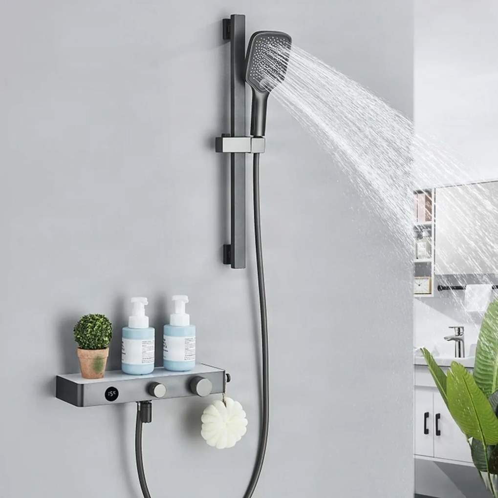 Miscelatore termostatico da parete per vasca ELITE EDITION BBT1429 con display LED, bocca girevole e doccetta multigetto, grigio grafite