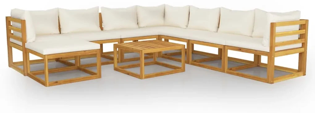 Set divani da giardino 9 pz con cuscini crema in legno acacia