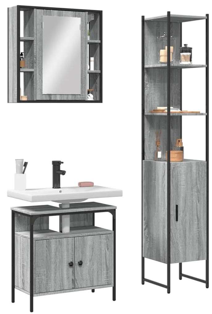 Set Mobili Da Bagno 3 Pz Grigio Sonoma İn Legno Multistrato /