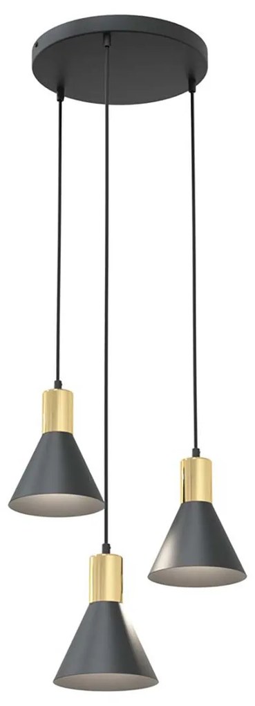 Lampadario 3 Luci Heimdall Base Tonda In Acciaio Nero E Paralumi Conici Nero E Oro