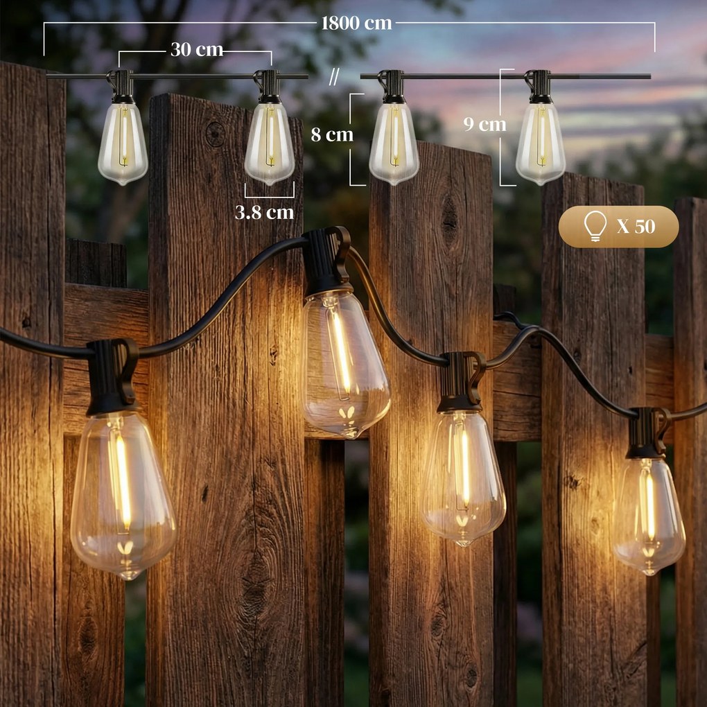 Catena Luminosa da Esterno 1800x3,8x9 cm con 50 Luci LED IP44 in PET e Plastica Nero e Trasparente...