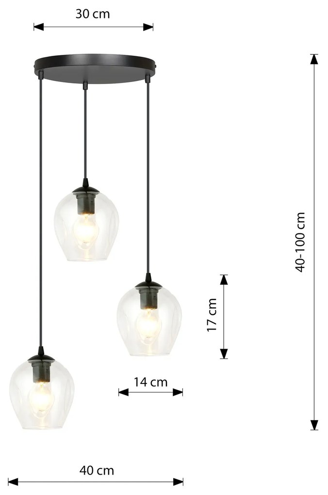 Lampadario 3 Luci Istar Base Tonda In Acciaio Nero E Vetri Trasparente