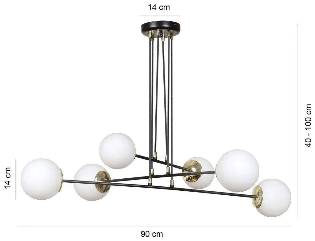 Lampadario Moderno 6 Luci Ognis In Acciaio Nero E Oro E Vetro A Sfera Opale