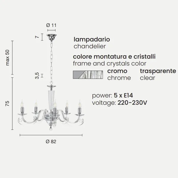 Lampada a sospensione CHERUBINI D82 cm in vetro e cristallo ottico 5 luci CROMO
