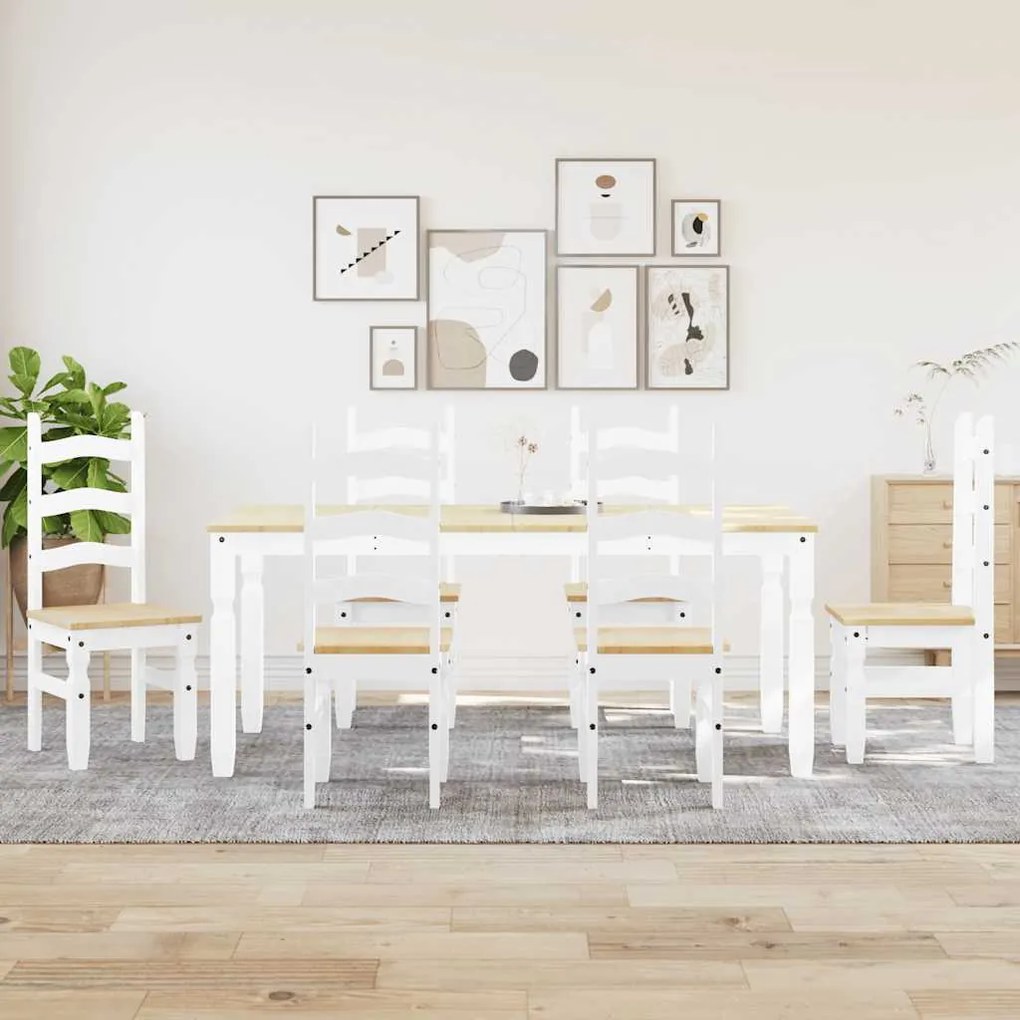 Set Da Pranzo 7 Pz Panama Bianco İn Legno Massello Di Pino /